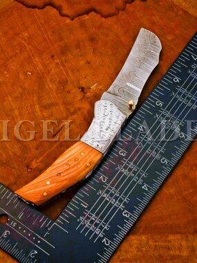 Handmade Damascus Folding Knife – Custom Burl Wood Handle – Tactical EDC Gift